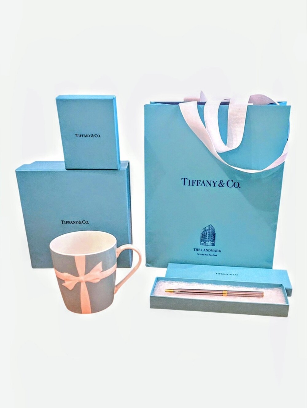 TIFFANY & CO. COLLECTOR'S BUNDLE Vintage Pen, Repaired Porcelain Mug, Boxes,Bag
